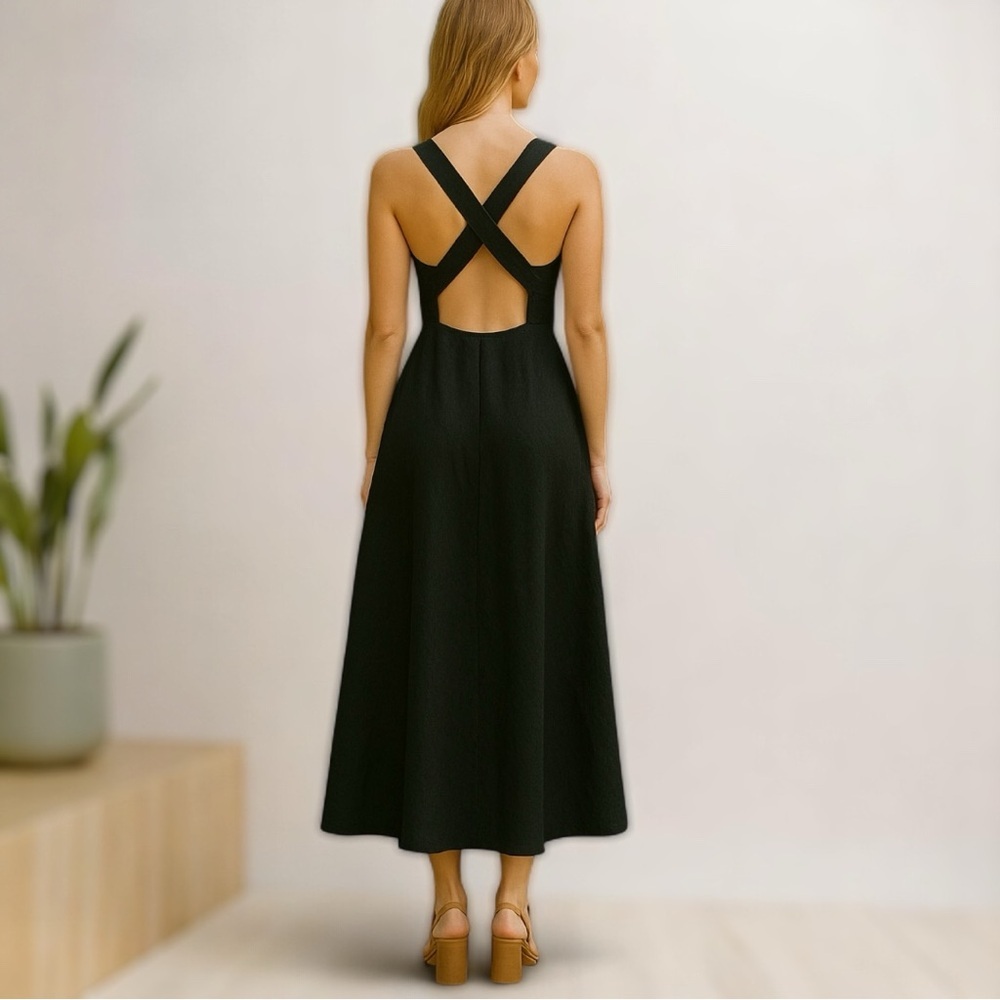 ASTR The Label Black Linen Sleeveless Square Neck Backless Sundress Size Large